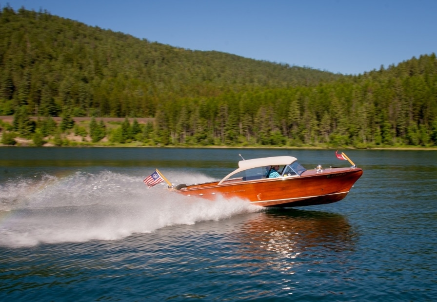 Classic boat on a lake in the Pacific Northwest.