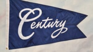 Century flag (flagpole edition) in blue with white letters.